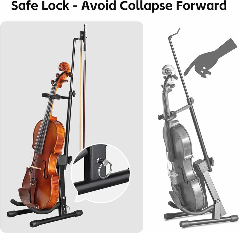 Augioth New Upgraded Anti-Tipping Design in Violin Stand with Bow Holder. Adjustable height, non-slip base, and protective head lock. Foldable and portable design for violins, violas, mandolins, and ukuleles.（Gray） - Image 2